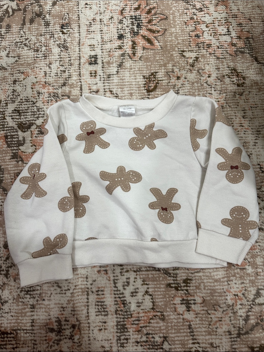 Kids White Sweatshirt with Beige Gingerbread Motif